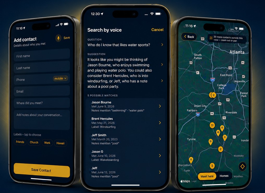 NameJog app screens: add contact, voice search, and map